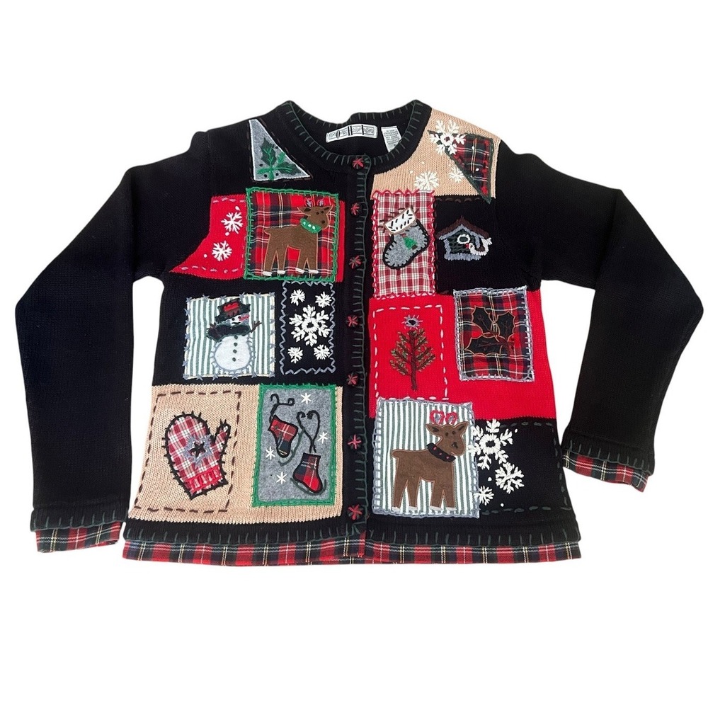 OHI Christmas Patchwork Cardigan Not Ugly Sweater Womens Small Holiday VTG